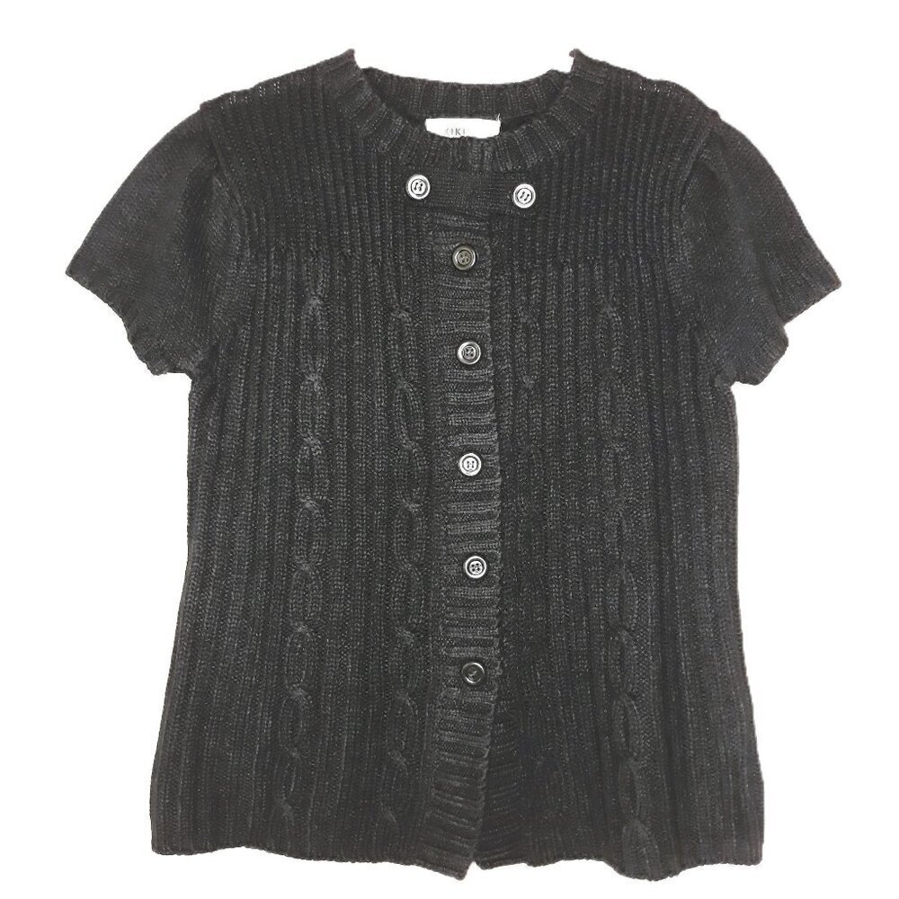 Cable Knit Wool Blend Cardigan Sweater Black Short Sleeves Kikit